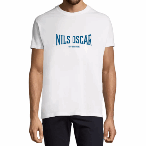 Vit t-shirt med blått tryck