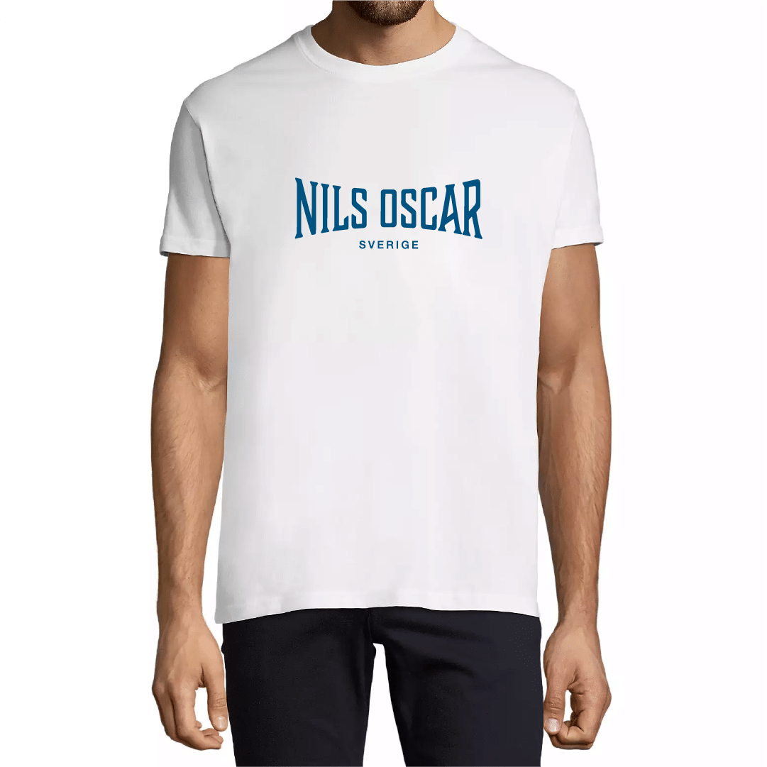 Vit t-shirt med blått tryck